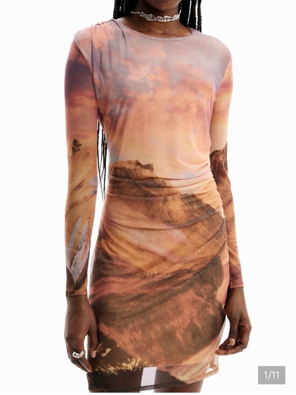 Desigual Medium Landscape Mini Ruched Long Sleeve Bodycon Dress Mesh